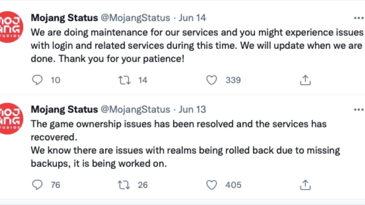 Tweets da página Mojang Status para Minecraft.