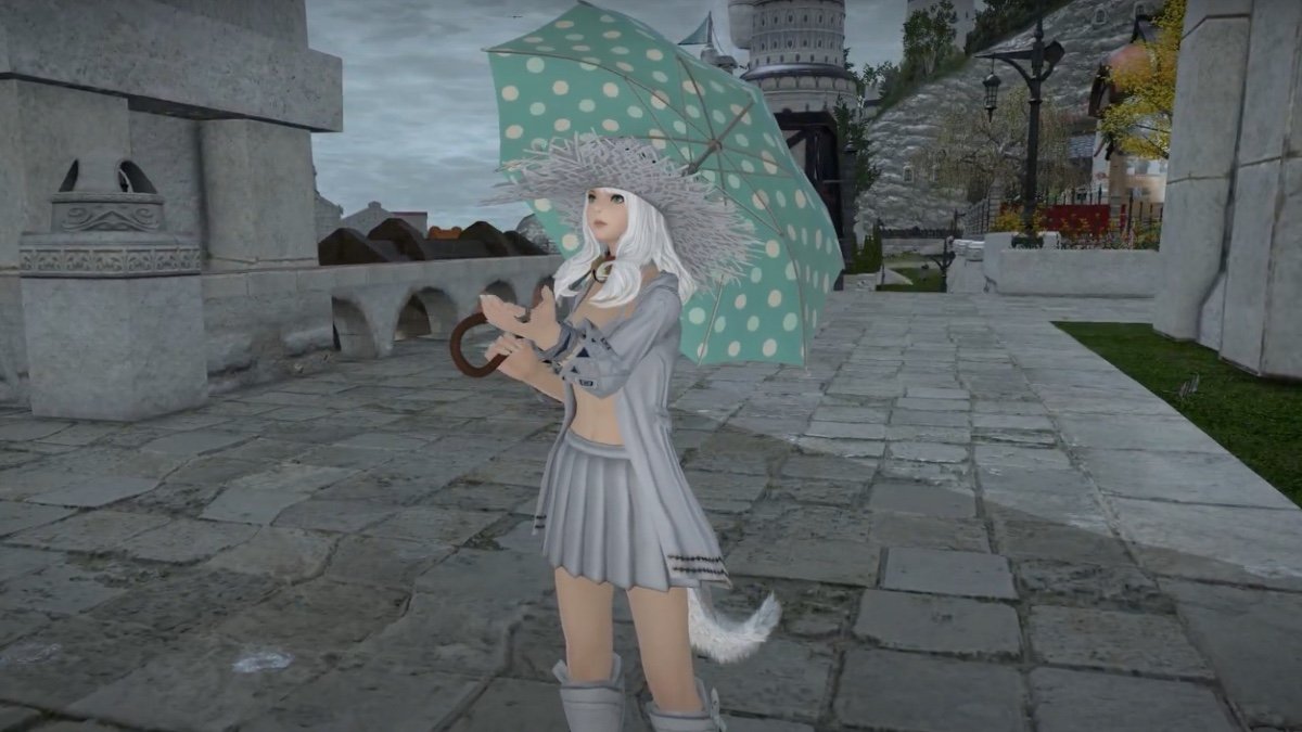 A character with a polka dot umbrella in Final Fantasy 14. 