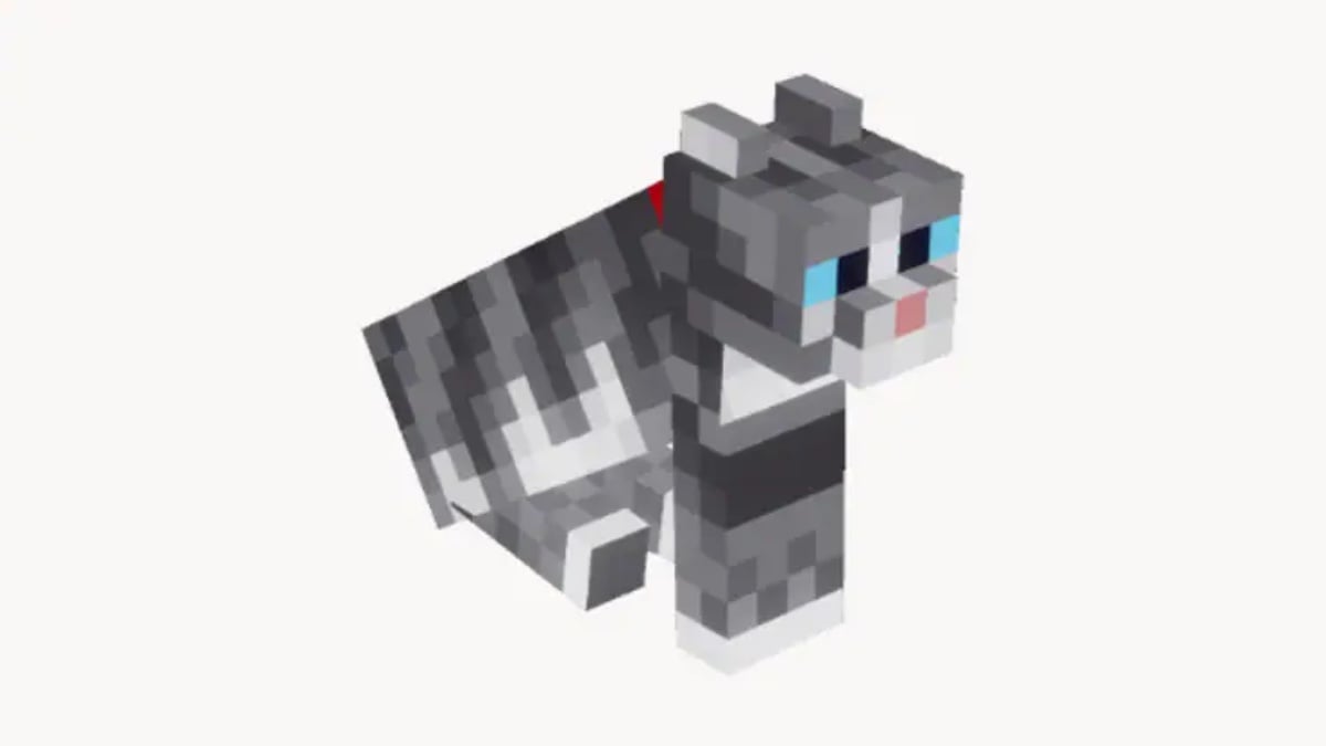 Um gato malhado cinza de Minecraft Dungeons.