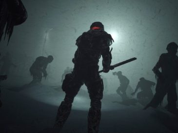 Soldier fighting hordes of undead zombie-like creatures