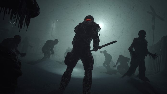 Soldier fighting hordes of undead zombie-like creatures