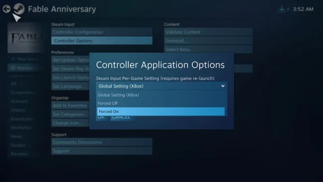 Steam Controller Application Options Menu