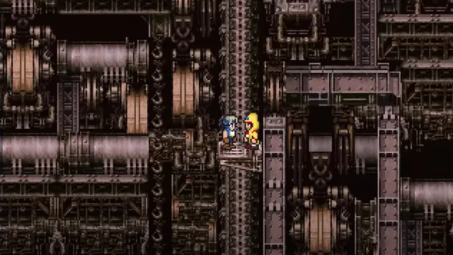 Twee personages in een lift in Final Fantasy 6.