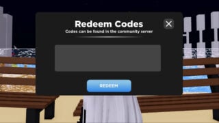 screenshot of the code redemption window in spin for free ugc codes, it is a box that has the text 'redeem codes, codes can be found in the community server' at the top, as well as a blank text box, and a blue button that reads 'redeem'