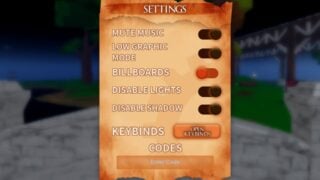 image of the robending codes redemption page, the pop up window is a tattered piece of paper for the settings menu, with various game options, including the codes section at the bottom with a text box that says enter code